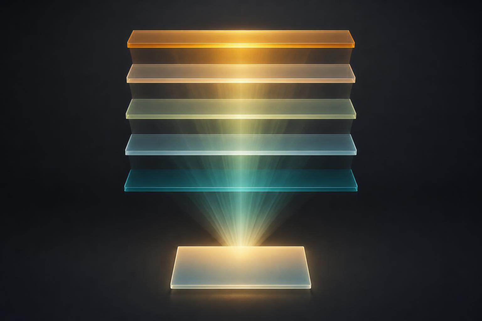 Five stacked bands representing the ordered blocks of a MiniMax H3 prompt flowing into a single video frame