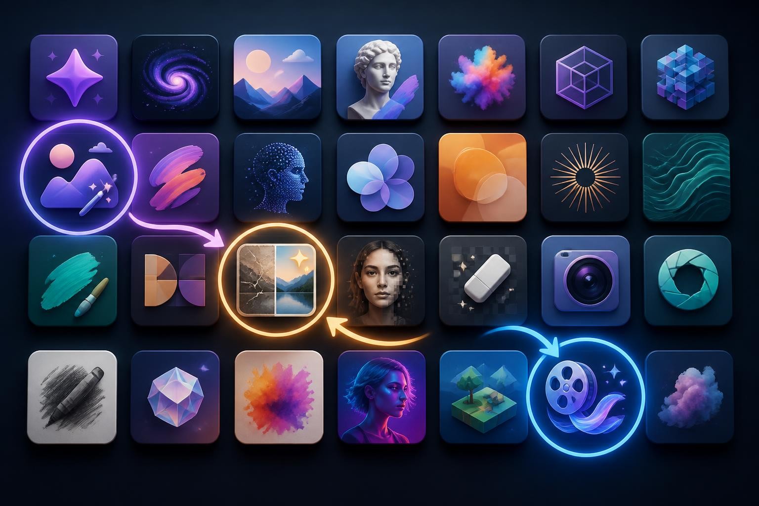grid of creative AI tool tiles covering image models prompt utilities and video engines