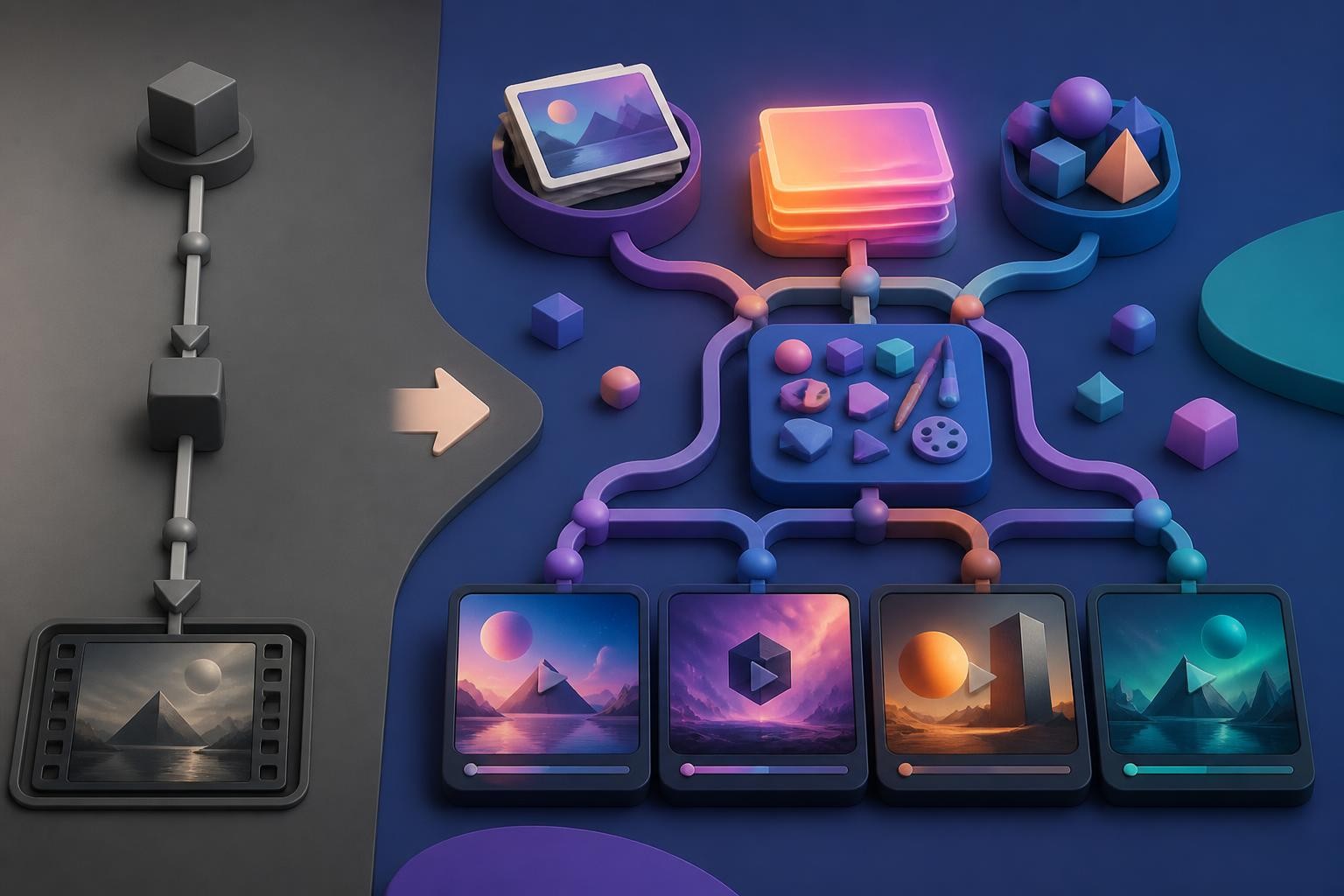 Videoframe AI Alternatives forked creative path comparing a single narrow video pipeline with a wide multi tool workspace