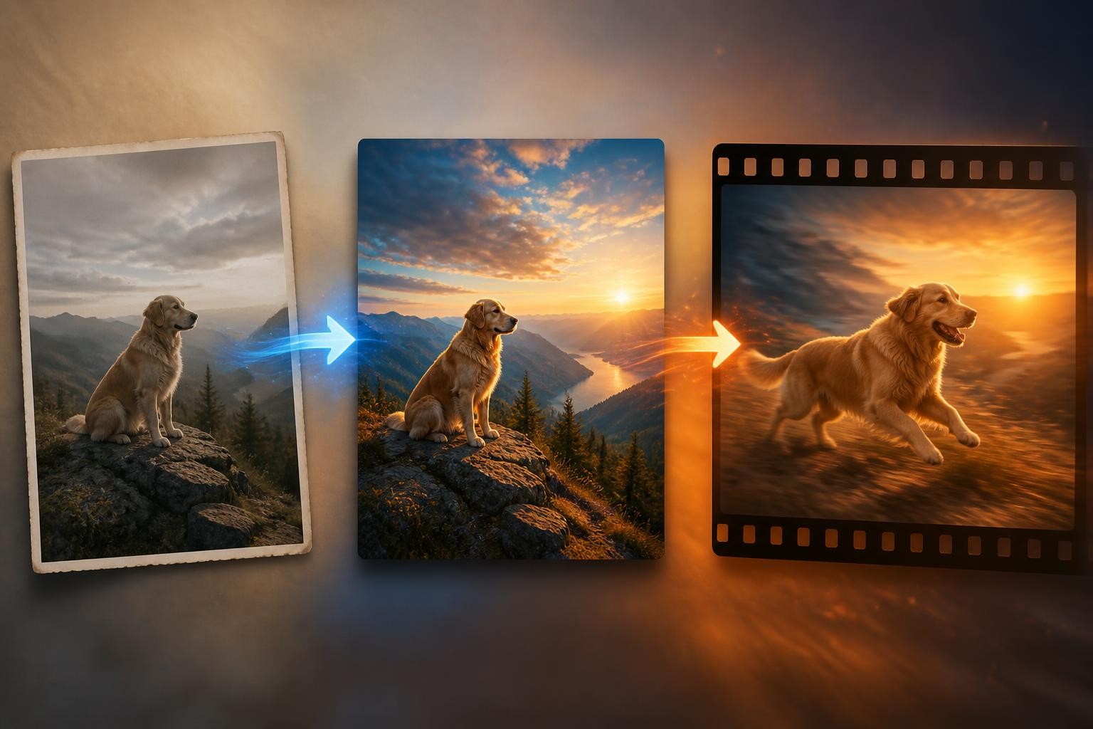 still photograph flowing through enhancement into a finished motion clip with simple arrows