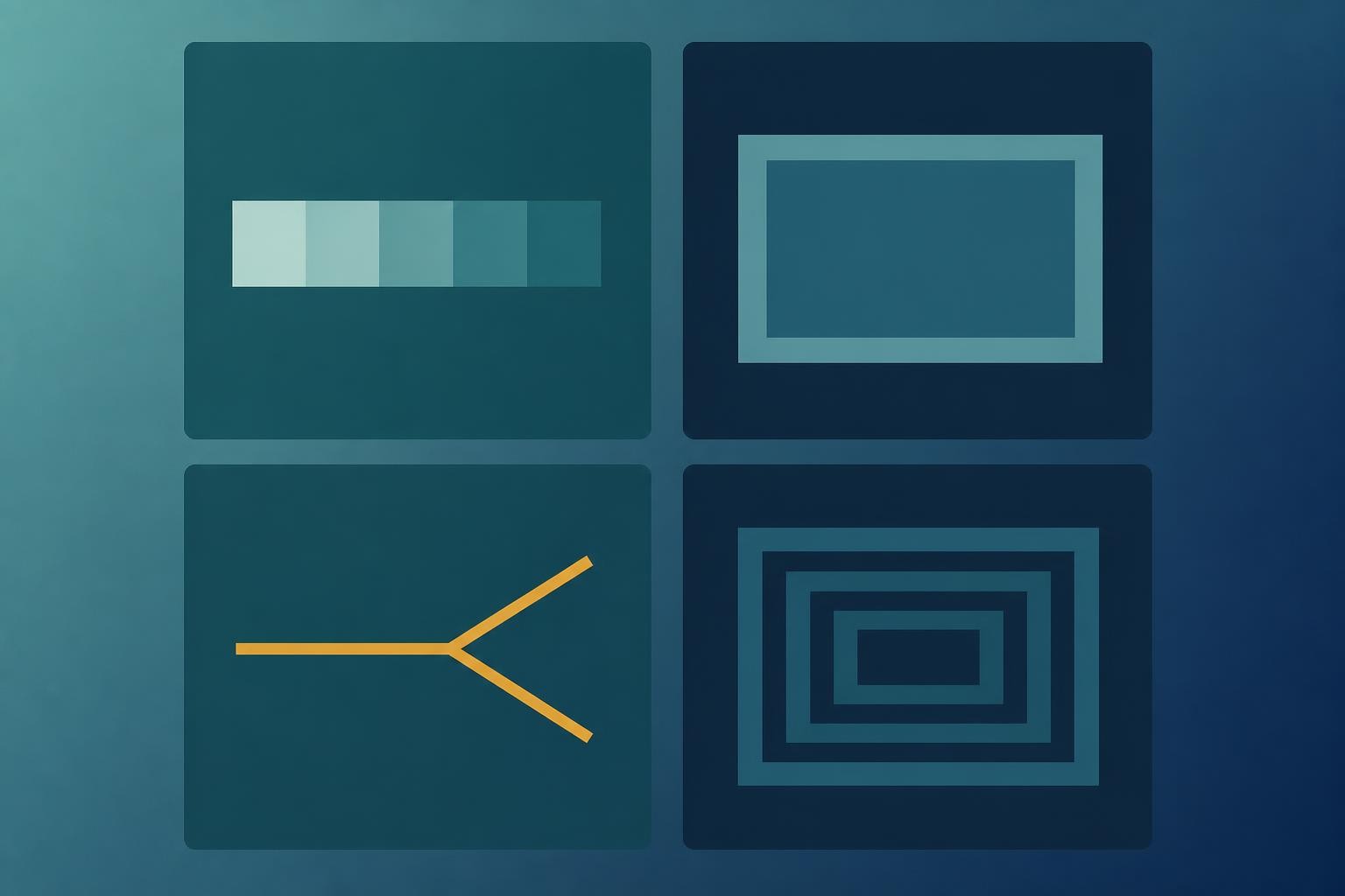 four simple icon tiles in a two by two grid, showing a segmented timeline bar, a bounded rectangle, a split signal path, and a set of nested frames