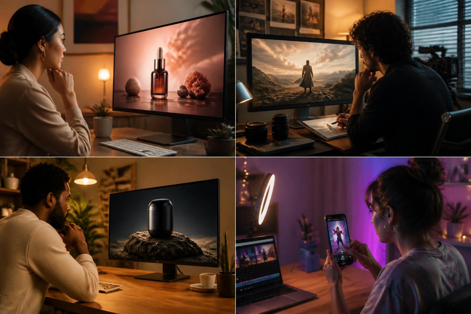 collage of different creators choosing AI video models for their projects