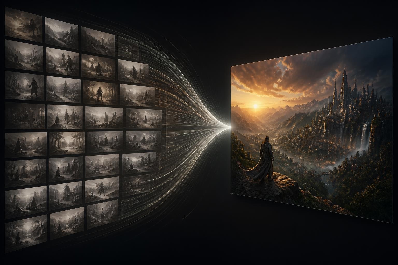 many rough draft video thumbnails converging into one polished final cinematic frame