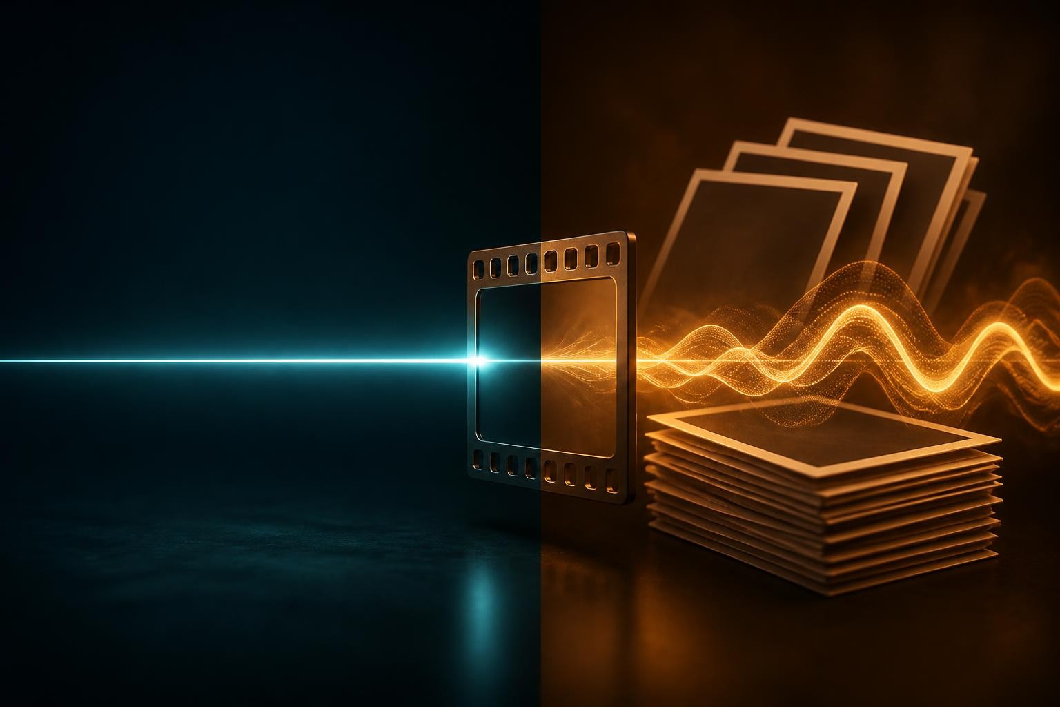 MiniMax H3 Workflow split screen with a single line of light on the left feeding a film frame, and a stack of reference cards and an audio waveform shape on the right feeding the same frame