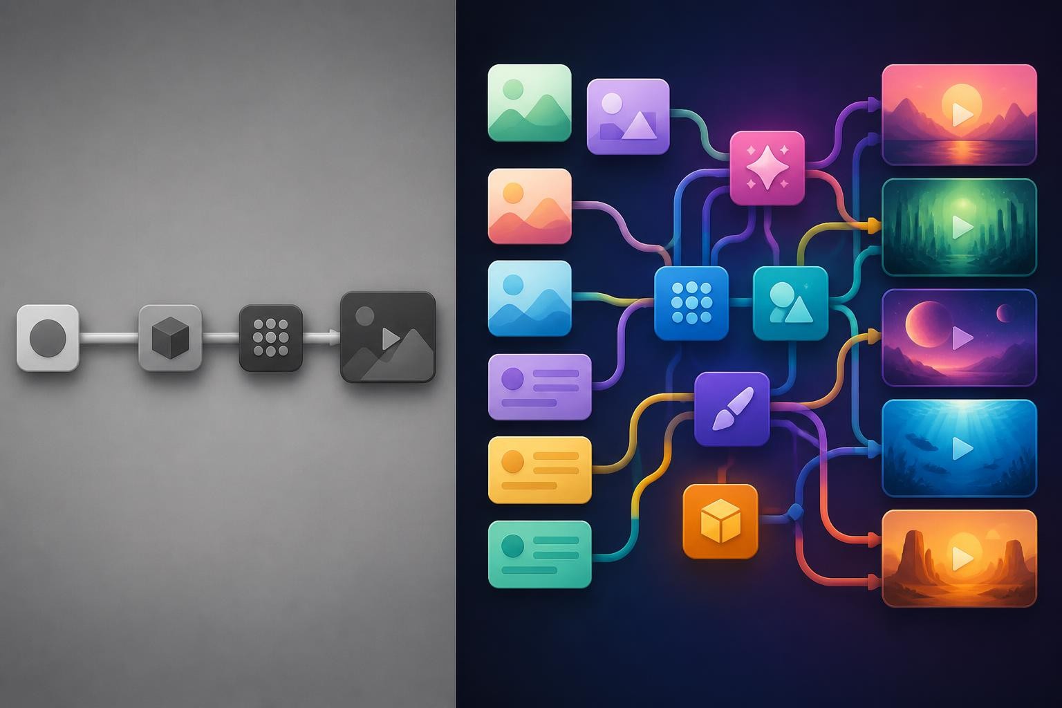 split workspace comparing single model generation with a multi tool creation workflow