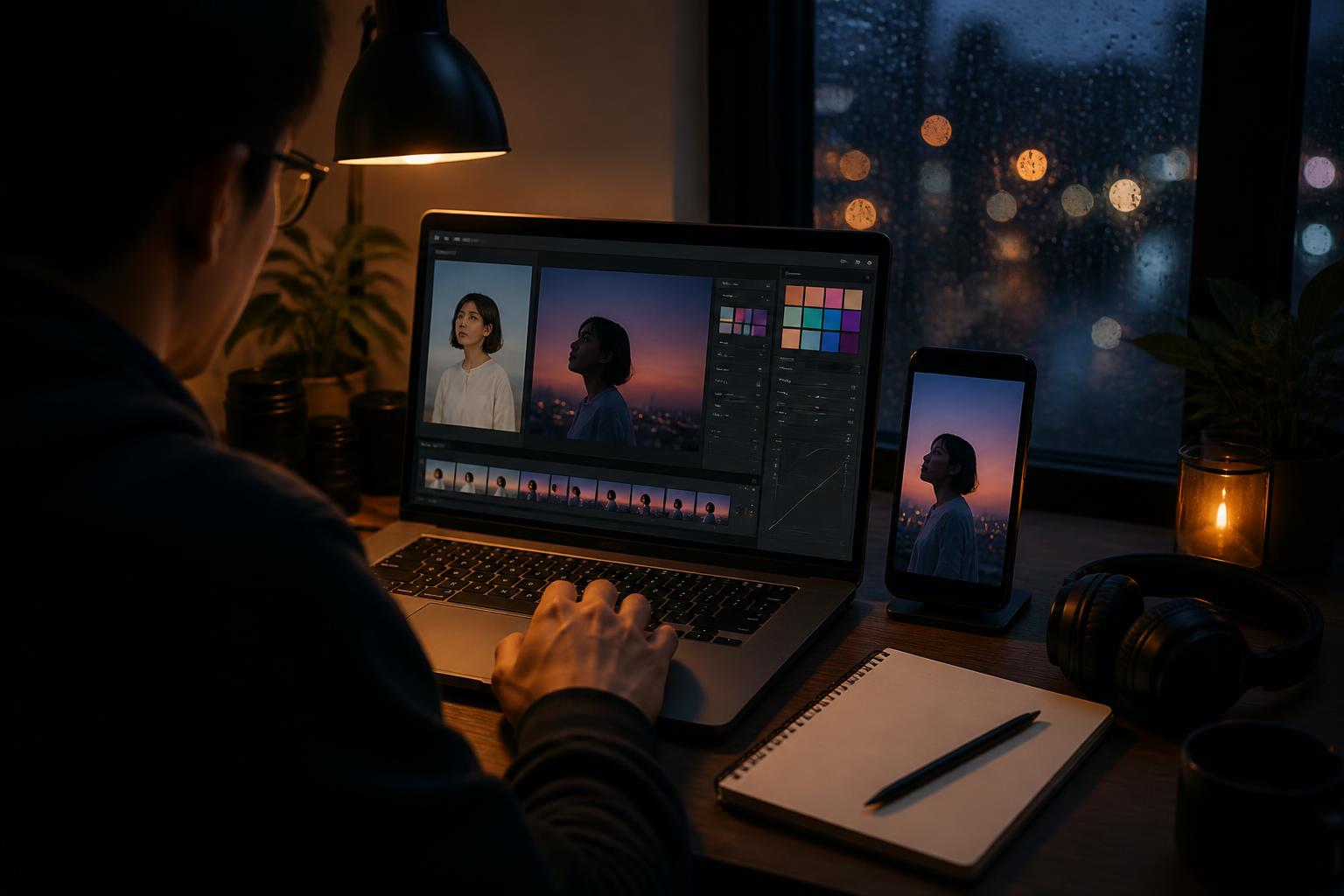 creator workflow for editing a portrait into a lofi dusk look