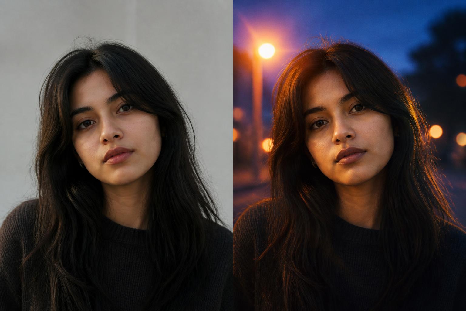 before and after lofi dusk portrait transformation