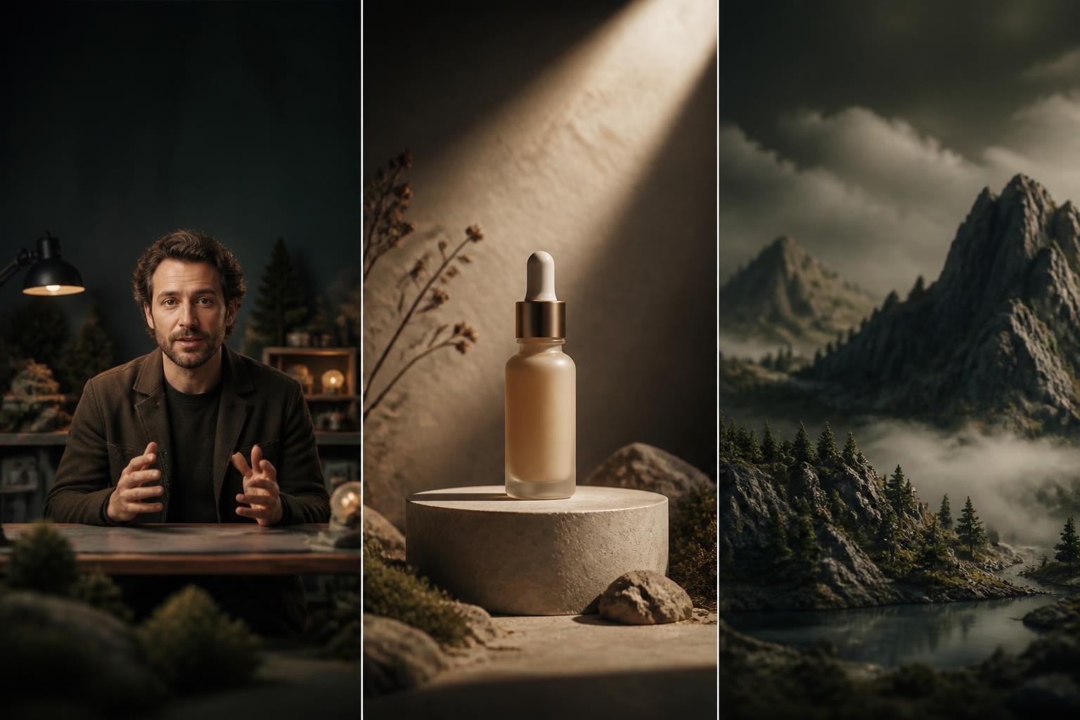 Three Happy Horse 1.1 video scene types including presenter, product, and cinematic landscape