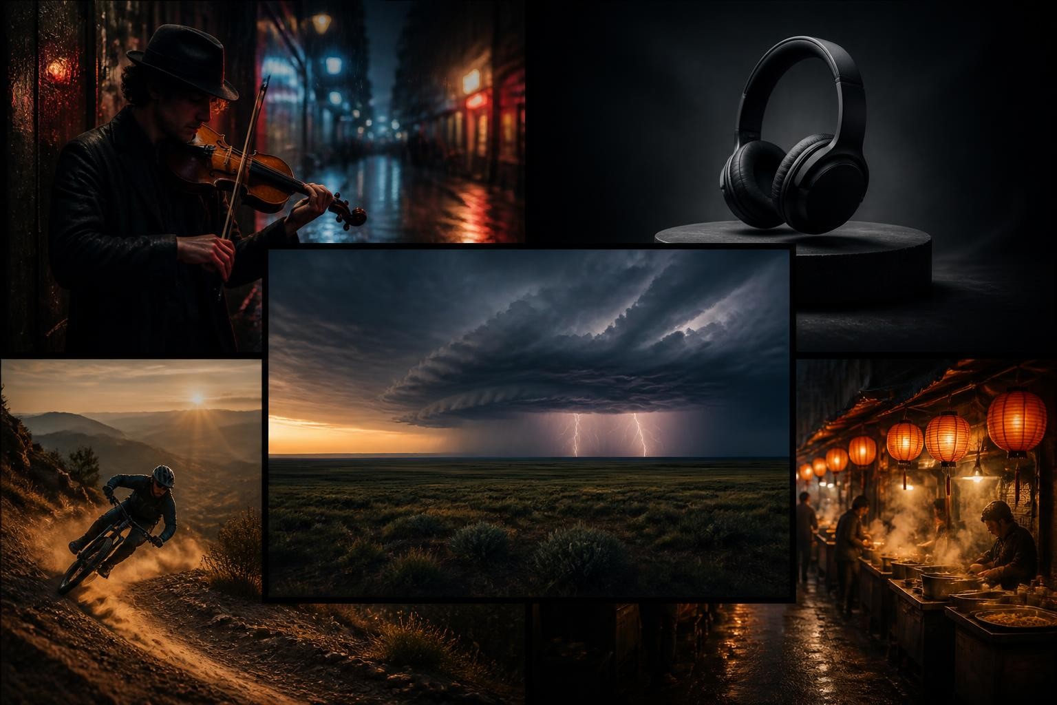 Grid collage of five video still frames showing portrait, product, nature, action, and architecture scenes