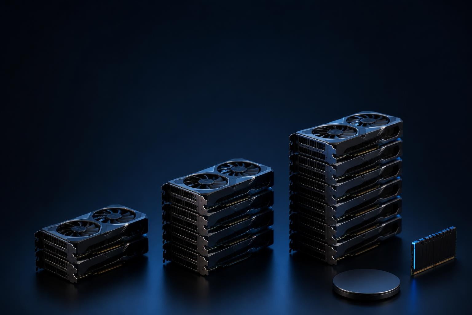 three rising stacks of graphics card shapes beside a memory module and a drive disc, arranged as a simple tiered chart with no labels