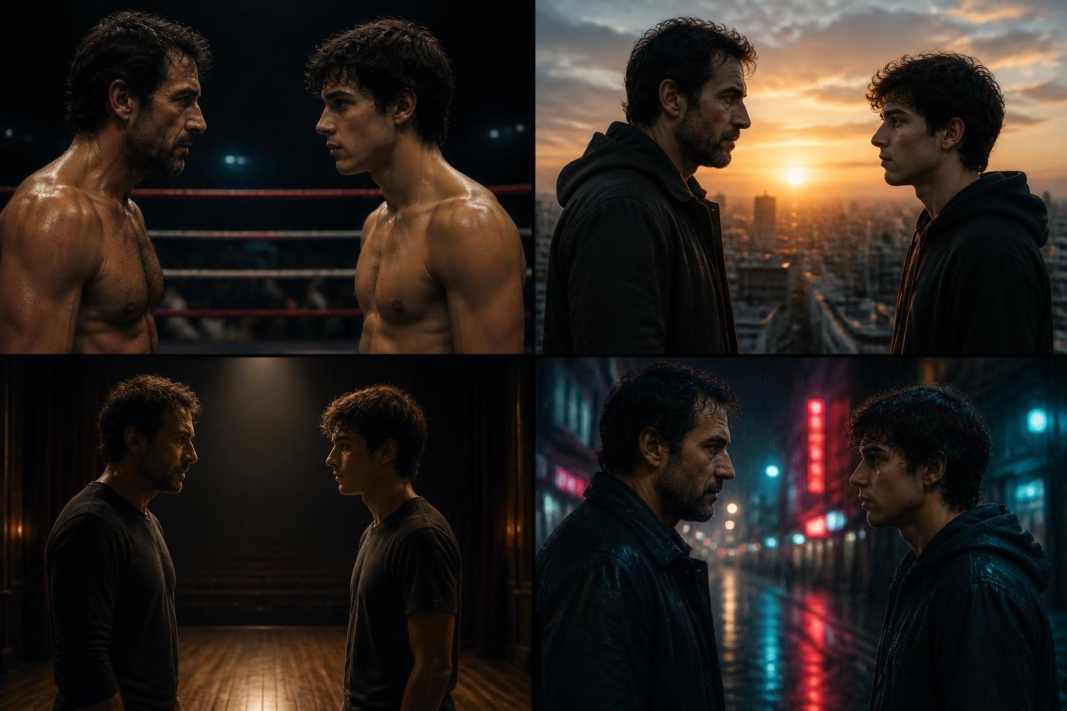 Four cinematic face-off styles generated from one your next opponent is you prompt