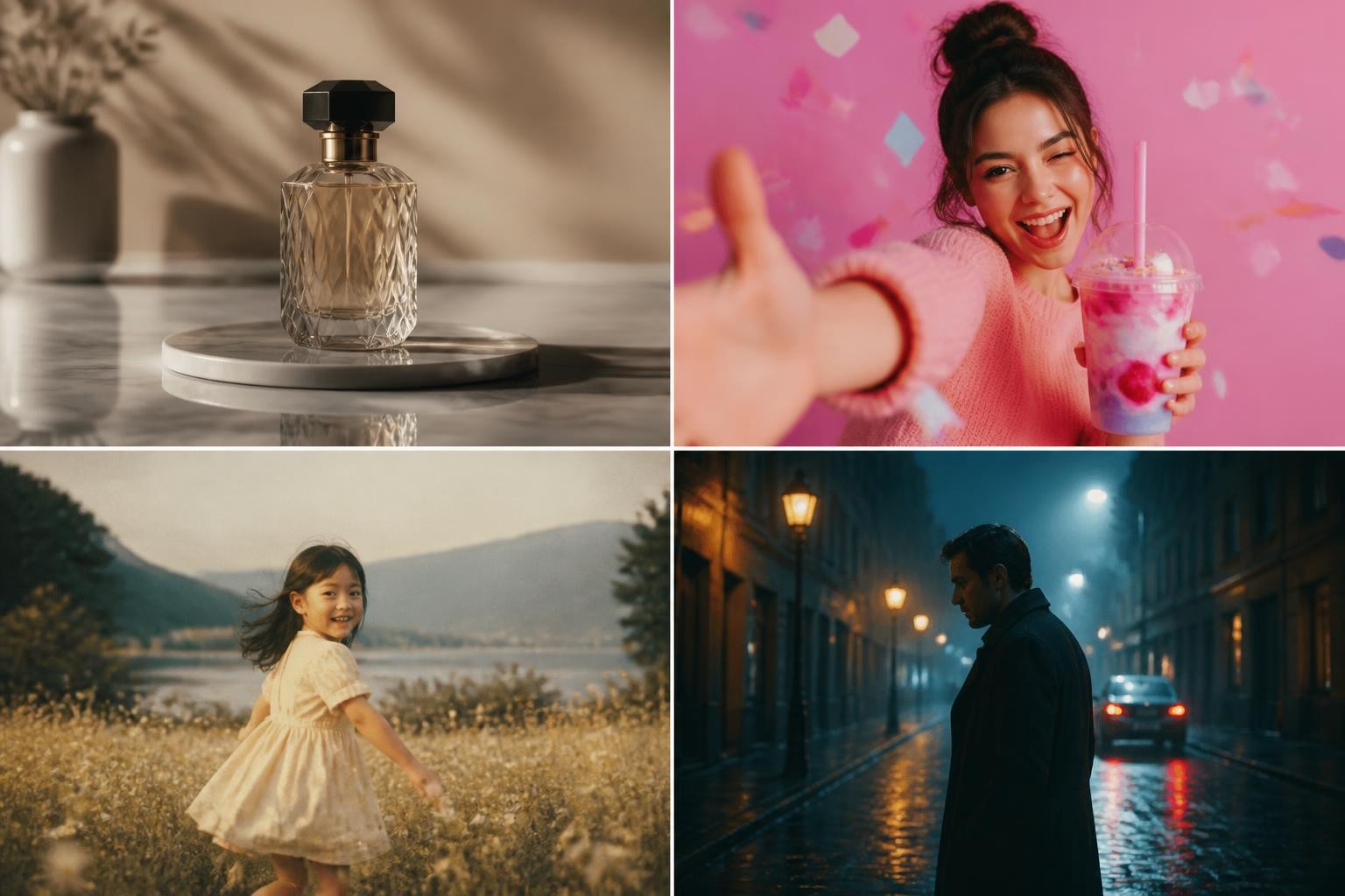 four-tile collage showing distinct AI video styles including product orbit, social clip, animated photo, and cinematic scene
