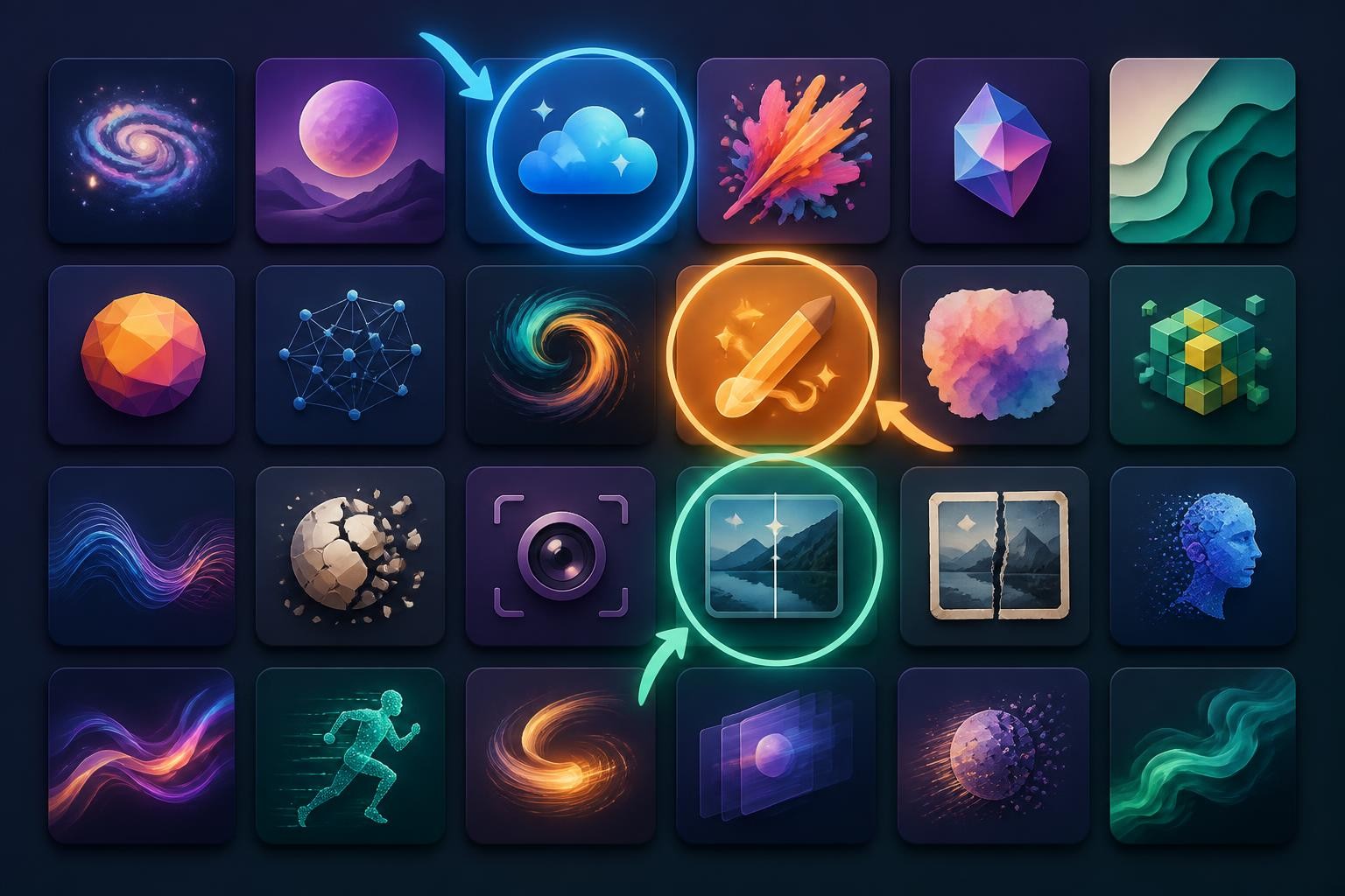 branching library of diverse AI model and tool tiles for images prompts and video