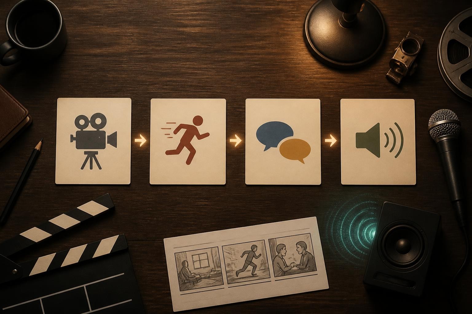 Four-part Happy Horse 1.1 prompt structure covering shot, action, dialogue, and sound