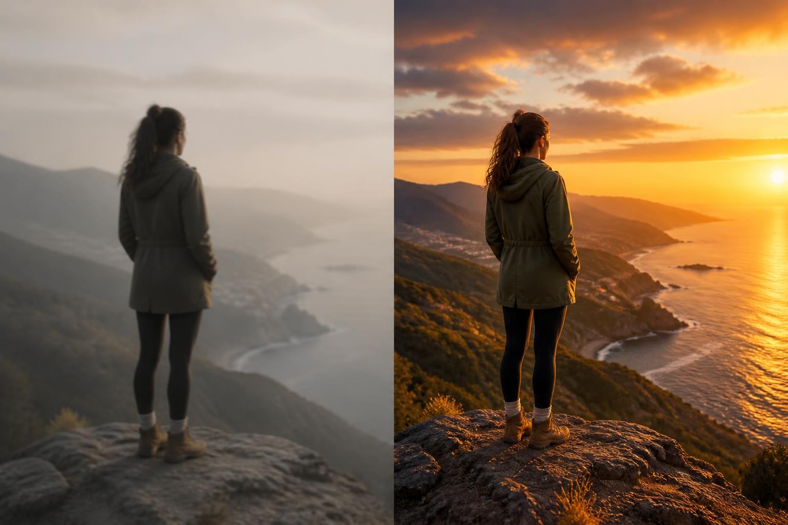 split-screen before-and-after comparison of a vague prompt result and a structured prompt result in AI video